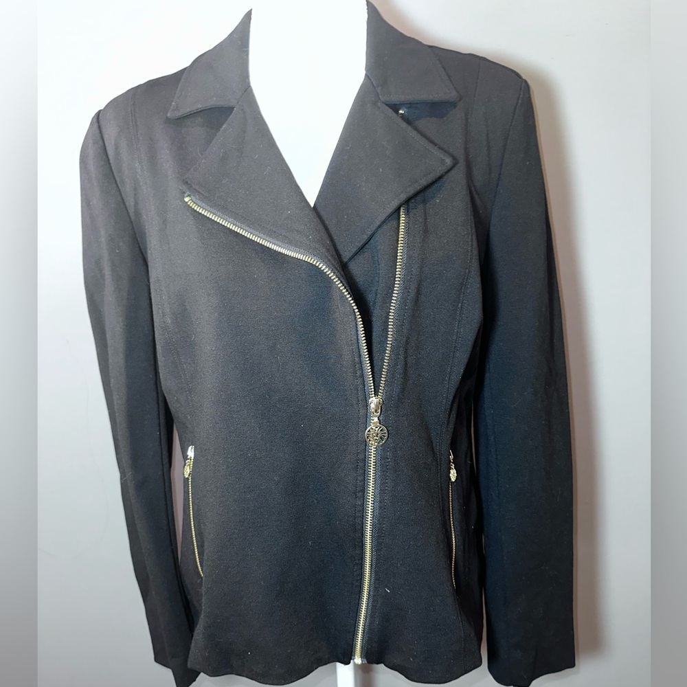 Anne Klein Black Moto Blazer Fitted Jacket with Gold Accents Medium - Picture 4 of 9